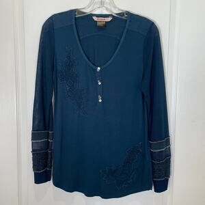 Desigual Henley Top w/ Floral Crochet Netting Tinsel Dark Teal Blue‎ L